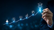 © AI-studio-master - Professional hand sketching an upward arrow graph towards a glowing graduation cap icon symbolizing continuous education digital certificate courses skill building and career progression success