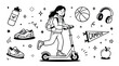 © rashyn - Young woman riding electric scooter with campus lifestyle elements doodle set.