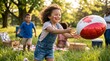 © Olga Ко - Generative AI. Joyful little girl with face paint running and playing with a Canadian flag balloon at a sunny summer family picnic. Children celebrating Canada Day outdoors in a green park
