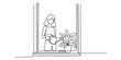 © DCB Line Stocker - Continuous line drawing of a woman watering a houseplant in a pot on a window sill