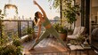 © Andrii Prokhorov - Woman practicing yoga in green activewear on a balcony with city skyline view, surrounded by potted plants and natural light, creating a serene and healthy lifestyle atmosphere