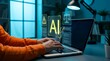 © Bisca - Person typing on laptop with AI ethics legal and warning icons in a dim home office setting