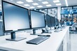 © whitestorm - Modern office workstation setup with multiple computer monitors, keyboards, and mice on a clean white desk.