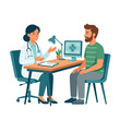 © Sofia - A female doctor consults with a male patient in an office