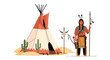 © Shoubj - Traditional Native American man standing near a decorated tipi in a desert landscape with cacti and symbolic cultural elements.