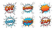 © Shoubj - Set of colorful comic book speech bubbles with various explosive sound effects like bang pow and zap in pop art style.