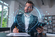© VideoFlow - Considered businessman in formal wear signing contract holding tablet device at office room with papers. Concept of successful business deal, agreement, partnership, documents. Technology ai icons.