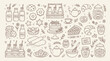 © Bara - Collection of hand-drawn baking and dessert illustrations, including cakes, cookies, pies, croissants, milk bottles, and tea.