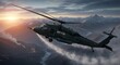 © Margarita Ratatosk - Military helicopter flying over a mountain range at sunset. Armed transport aircraft patrolling a conflict zone. Air force operation during war. Mission and tactical aerial combat concept.
