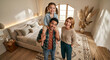 © xinxia - A smiling multiracial family of three poses happily in a bright, cozy styled bedroom.