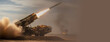 © Margarita Ratatosk - Rocket launcher vehicle firing missile in combat zone. Military truck artillery system launch in desert. Tactical warfare technology and explosive firepower defense strategy. Banner with copy space