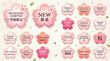 © Colourfull - Japanese Spring Sakura Cherry Blossom Festival Promotional Sticker Sheet Collection Featuring Pink Petal Shaped Retail Badges Elegant Typography and Sales Labels