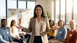 © N7 - Inclusive Corporate Leadership Concept: Confident Indian Woman Manager Presenting to Diverse Team in Sun-Drenched Modern Office