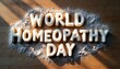 © Vadym - Homeopathy Day text made of cookies and sugar on wood. White pellets scatter near letters. Sunlight casts long shadows across surface, creating serene mood.