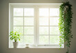 © Anuyj - White coffee cup and saucer sit on bright sunny window sill with lush green trees outdoors creating a sense of peace.