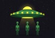 © Mostafiz - Three green aliens standing under a flying saucer with lights in space, vector illustration