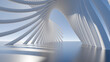 © ilham - Futuristic white geometric structure with curved lines and architectural shapes on a blue sky background, minimalist modern 3D rendering illustration