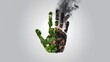 © 3AN - A conceptual image of a human handprint divided into two halves — one side made of green leaves and flowers representing life and nature, while the other side shows burnt coal and smoke symbolizing po