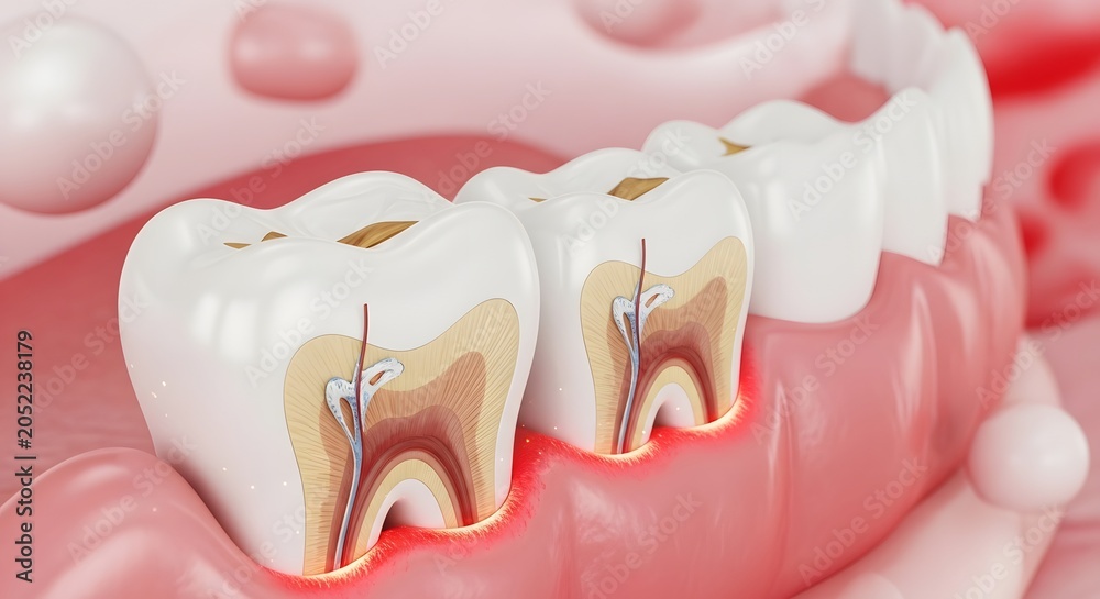 Cross section of a tooth showing inner anatomy and inflamed gums ...