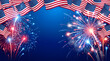 © NAHID - Vibrant fireworks exploding in the night sky with american flags waving above on a blue background