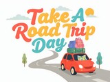 Take a road trip day vector illustration with a red car and luggage isolated on white background