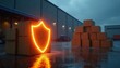 © Vadym - Cardboard boxes stack near warehouse under heavy rain. Glowing shield symbol protects cargo from bad weather. Logistics safety concept and supply chain insurance.
