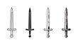 © BestFren - Four sword illustrations in different styles: outline, solid black, and hand-drawn sketches, pointing upwards.