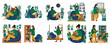 © futureart - Collection of Vector Illustrations Featuring Women Reading, Relaxing on Bean Bags, and Enjoying a Cozy Home Interior Surrounded by Houseplants