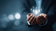 © Nart - A businessman in a dark suit holds glowing human icons, one shining brightest to symbolize talent selection. Photorealistic image with dramatic lighting and a blue bokeh background.