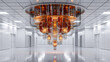 © RVNW - Lustre en forme d'ordinateur quantique futuriste au câblage complexe en cuivre et or. Il est suspendu au cœur d'une salle blanche de laboratoire dotée d'un sol réfléchissant