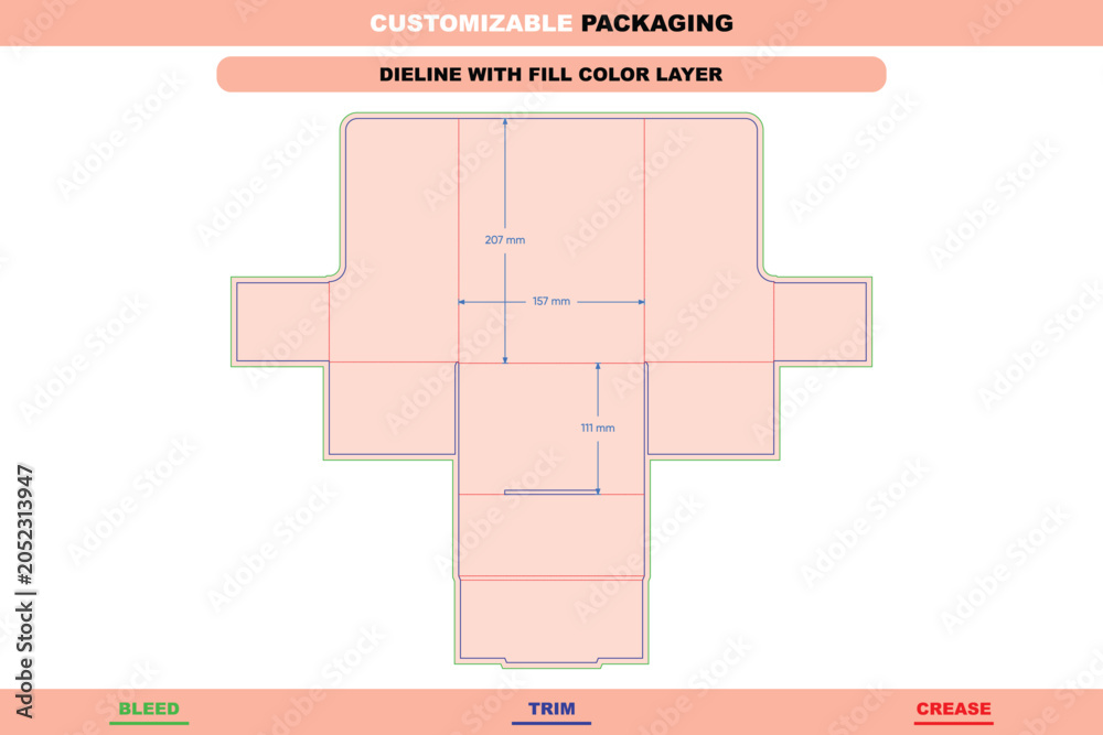 Creasing Line Box Flat packaging dieline template with bleed, trim, and crease lines ...