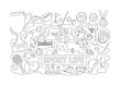 © Coosh448 - Sport Activities Collection. Clean one-line drawing banner composition showing oversized sports field and mixed equipment spanning every canvas edge, 3 athletes surrounded by football, golf, gym,