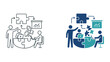 © Liam - Business team puzzle brainstorming and strategic planning icon vector illustration showing coworkers working on project pieces with data charts for collaborative problem solving and management success