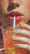 © ANGELINA - Woman drinking juice with colorful nails and vibrant lips enjoying refreshing cocktail. Woman drinking juice while holding glass with sweet fruity beverage and straw.