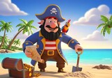cartoon pirate carrying a map and a shovel on the beach, accompanied by a parrot on his shoulder and a chest filled with gold coins.