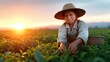 © Larisa AI - A tea farmer gathers fresh tea leaves under a glowing sunset, illustrating the beauty of nature and the hard work involved in tea cultivation in a picturesque landscape.