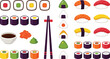© MeheDi - Japanese sushi and sashimi vector illustration set featuring maki rolls nigiri onigiri rice triangles chopsticks soy sauce wasabi and pickled ginger