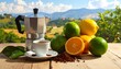 © Ayok - Still life featuring a coffee maker, cup, fruit, and grounds on rustic wooden planks with a scenic mountain backdrop