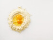 © Food Images - Flour with fresh eggs ready for dough preparation, baking concept for home cooking and culinary enthusiasts