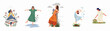 © Rolas - Set of five flat vector illustrations showing young women celebrating nature and freedom in the rain with flowers and peaceful expressions.