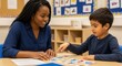 © Hasibnikon - African American teacher assisting elementary student with educational puzzle in bright classroom