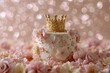 © Khawla - Pastel Princess Birthday Cake with Golden Tiara and Roses on Pink Glitter Background