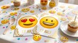 © Syed - World Emoji Day celebration party table, yellow smiley face decorations for July 17 event, festive birthday setting with cupcakes and confetti