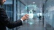 © Brightframehub - Cybersecurity concept with businessman hand touching digital lock on technology interface