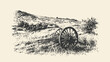 © Purple_Lamp - Vintage countryside landscape with old wooden wagon wheel in grass field drawing engraving