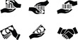 © Heramone - Set of six simple black icons representing financial transactions and agreements isolated on transparent background
