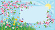 © Lukman Ahmed - Blooming spring flowers and branches with a blank frame against a bright blue sky vector illustration
