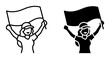 © Sizan - Fan Celebration Icons, Woman Holding Flag Vector Set, Sports Event Support Graphics, Outline and Solid Styles