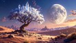 © Utis - Surreal desert landscape featuring a crystalline tree under a giant moon at dusk with rolling dunes, mountains, and a twilight sky