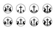 © Pabitra - Set of easter themed black and white illustrations featuring rabbits and decorated eggs with crosses symbolizing springtime renewal and holiday traditions in a minimalistic style
